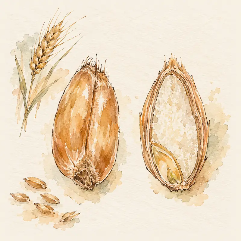 A wheat berry, whole and cut in half, showing the bran, germ and endosperm